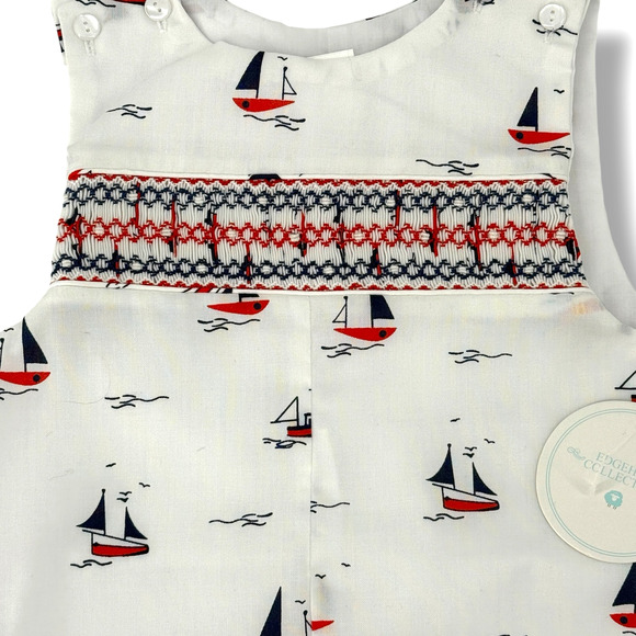 Edgehill Collection Smocked Jon Jon Romper Baby Boy Sz 18 Mo Nautical Sail Boat - Picture 2 of 7
